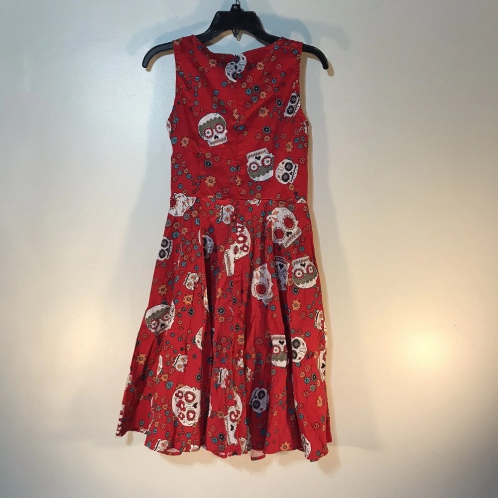 Ninewe red fit and flare dress with skull print, size L